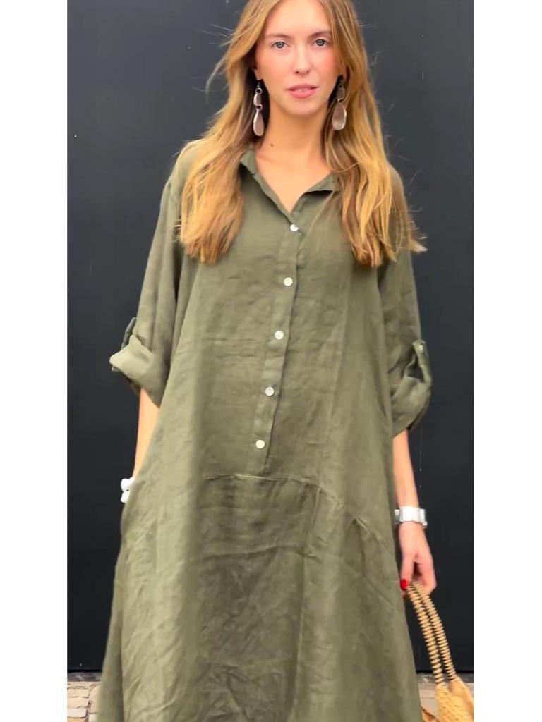 2024 Summer Women's Casual Plus Size Cotton Linen Pocket Shirt Collar Dress