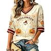 Women's Halloween Print V-Neck T-Shirt Casual Loose Fit Summer Top