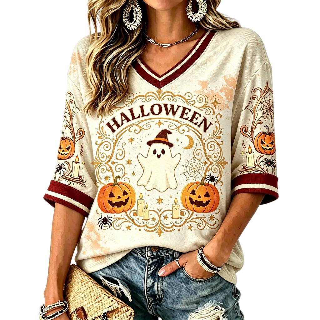 Women's Halloween Print V-Neck T-Shirt Casual Loose Fit Summer Top