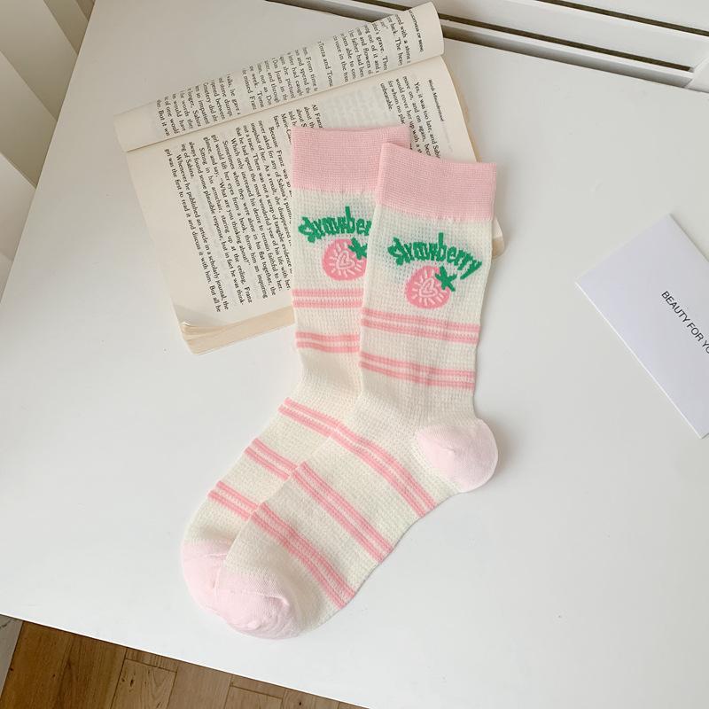 Pink And White Socks Women'S Summer Mesh Hollow Cool Tube Socks Women'S Stacking Socks Cute Strawberry Girl Socks