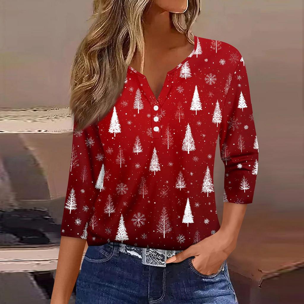 Women's T Shirt Christmas Print Button 3/4 Sleeve Daily Weekend Fashion Basic V- Neck Regular Top