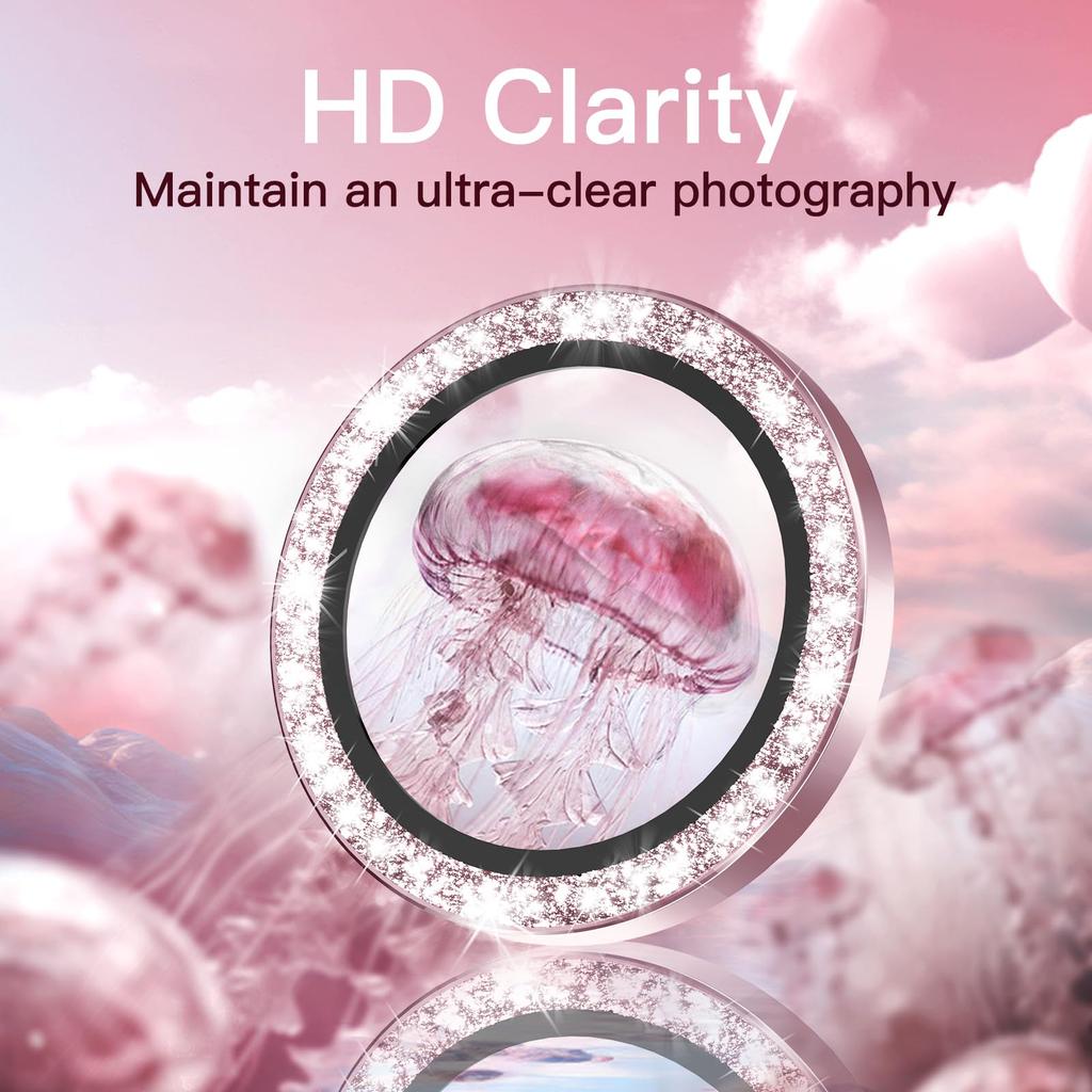 JEDirect iPhone 15 15 Plus Inch Camera Lens Film Glitter Shiny Individual 9H Tempered Glass Metal Ring Cover HD Clear 1 Set 6.1 inch/iPhone 6.7 (Pink)