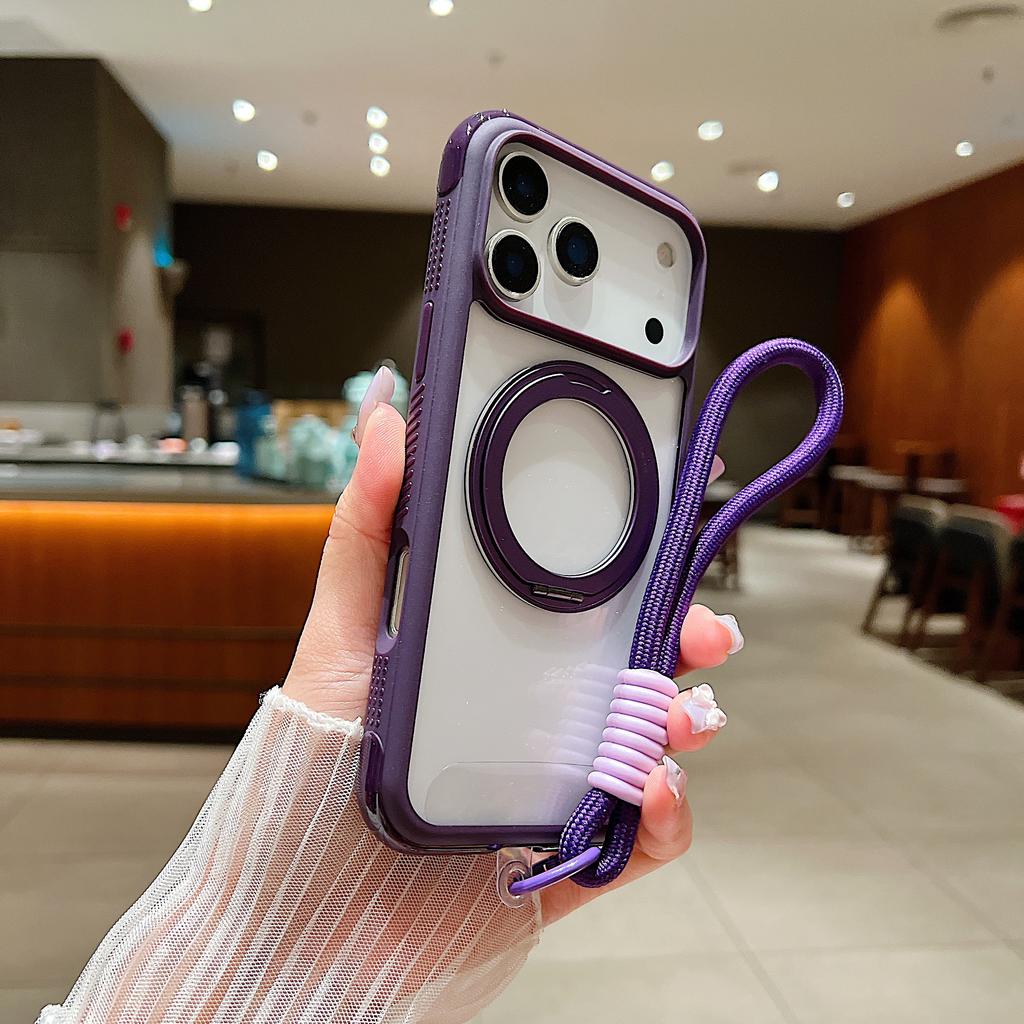 Dla iPhone 17 Pro Magnetyczne Etui Odporne na Wstrząsy Podpórka TPU + PC Przezroczyste Etui na Telefon z Paskiem na Nadgarstek