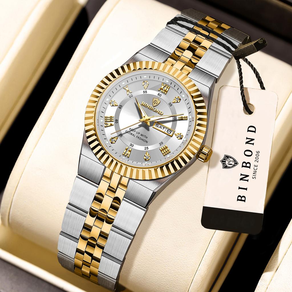 BINBOND Precise Quartz Watches For Men Week Display Auto Date Stainless Steel Luminous Waterproof Men's Watch Luxury Reloj