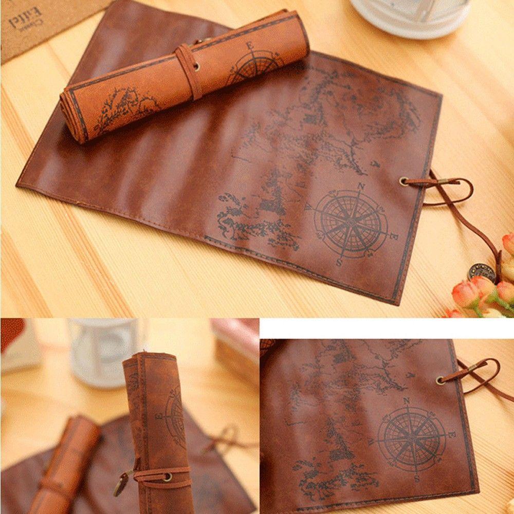 Map Roll Vintage Case Bag Purse Pouch Pen Pencil Case for School Leather Cosmetic Make Up PU Bag