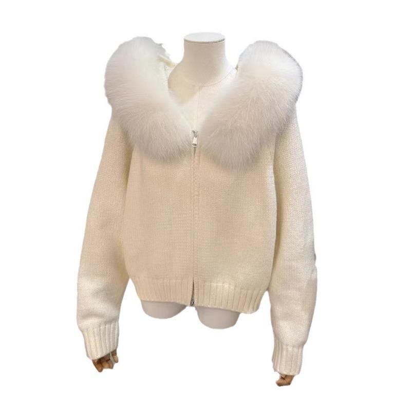 Premium Women's Clothing Hooded Knitted Top Cardigan Jacket Winter New Long-sleeved White Sweater Women