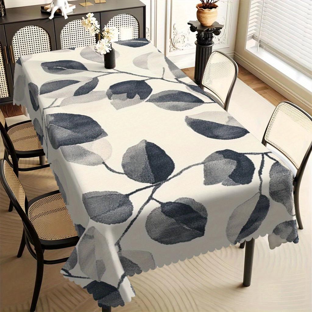 Soft Botanical Leaf Tablecloth, Watercolor Grey Leaf Print,Clean Scalloped Trim, Dirt Resistant for Home Decor Casual Gatherings