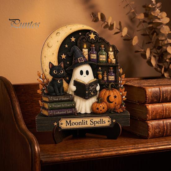 Healing Atmosphere Home Art Halloween Reading Ghost Figurine, Retro Wooden Statue, Vintage Desktop Creative Ornament with Stacked Book for Office