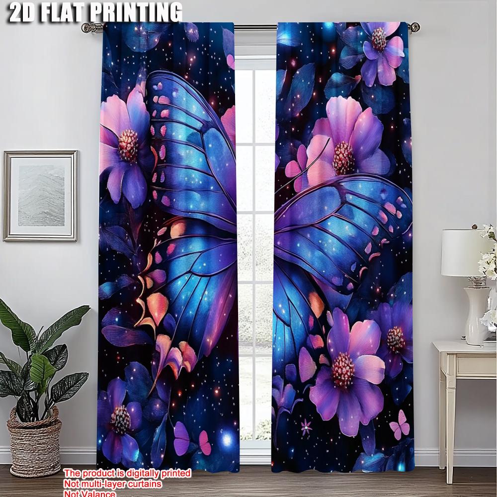 2pcs, Popular Curtains 2D print Purple Butterfly Polyester Easy Install (without rod) Gifts Use for Living Room, Office,