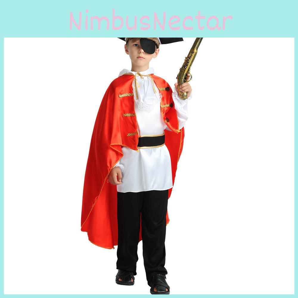 Classic Caribbean Pirate Costume For Kids With Vibrant Red Cloak And Soft Polyester Fabric