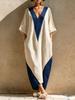 European and American summer new women's clothing medium-sleeved V-neck contrasting color loose women's long dress