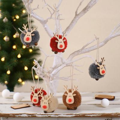 Pompon Rentier Weihnachtsornament Plüsch Elch Hängeornamente Holz Elch Scheiben Weihnachtsbaum Anhänger für Zuhause Party Feiertagsdeko