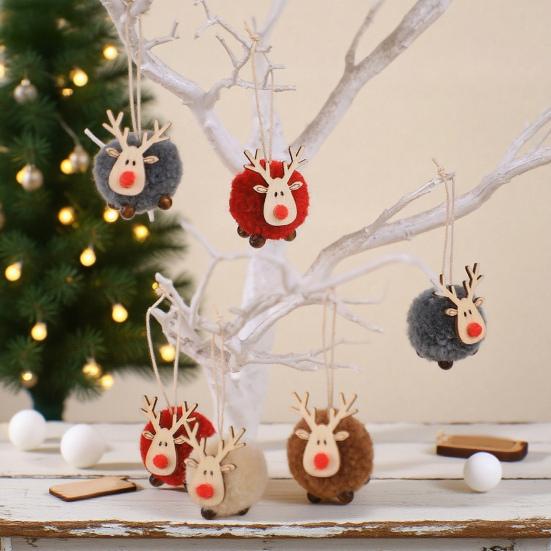 Pom Pom Reindeer Christmas Ornament Plush Elk Hanging Ornaments Wooden Deer Slices Xmas Tree Pendants for Home Party Holiday Decor