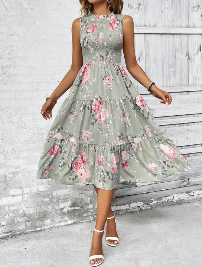 Sommer-Blumenprint ärmelloses Rundhalskleid hohe Taille und dünnes Design Europäisches und Amerikanisches bedrucktes Kleid