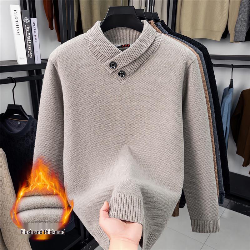 Men s Warm Fleece-Lined Henley Knit Sweater 3XL грязно-белый