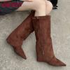 Fashion Pointed Toe Ladies Knee High Modern Boots With Wedges Shoes Fashion Flock Women Long Boots Female Low Heel Shoes Pumps lady