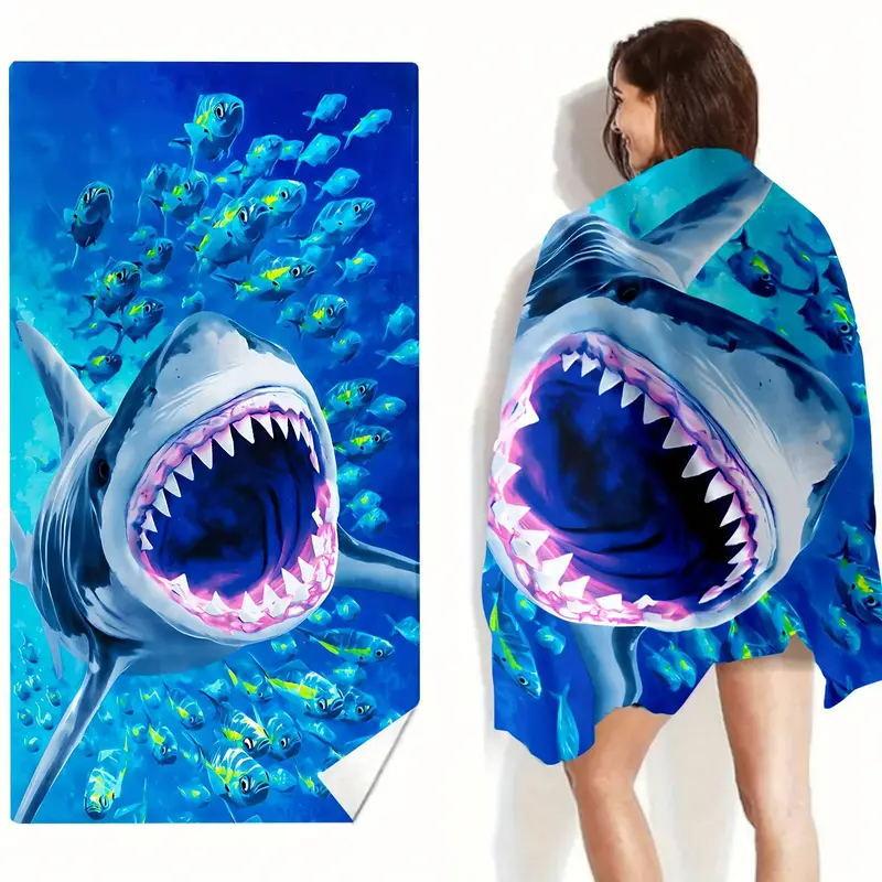 2D Shark Beach Towel Microfiber Quick Dry Bath Towel Large Summer Swimming Pool Towel Sandproof Travel Picnic Blanket for Adults