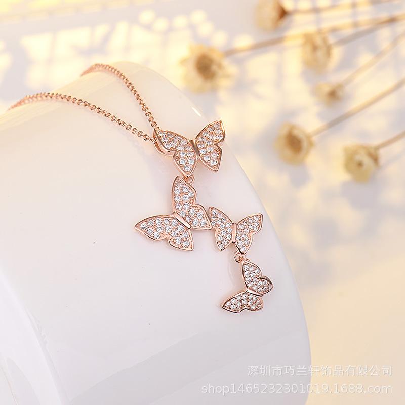 

Женская модная цепочка на ключицу в новом стиле с четырьмя бриллиантами в форме бабочки, простая подвеска, ювелирное изделие розового золота