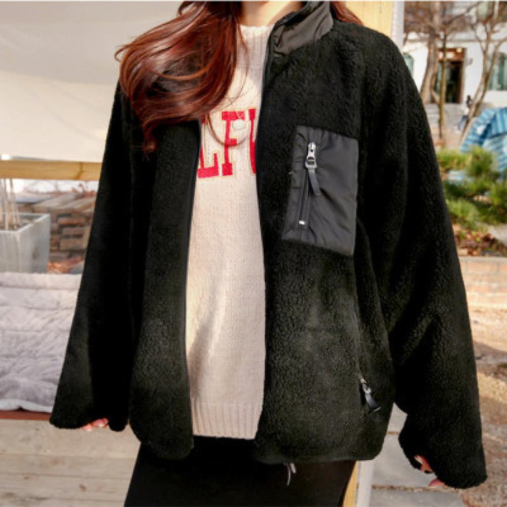 Neue Herbst- und Winter-Damen-Plüschjacke mit Stehkragen und Reißverschluss, Locker und Figurschmeichelnd, Farbblockierte Lammwolljacke