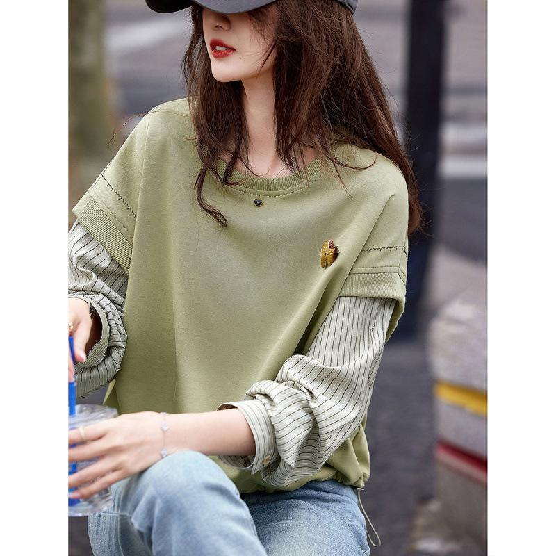 

Chic Petite Spring Slimming Patchwork Two-Piece Round Neck Hoodie M зелёный