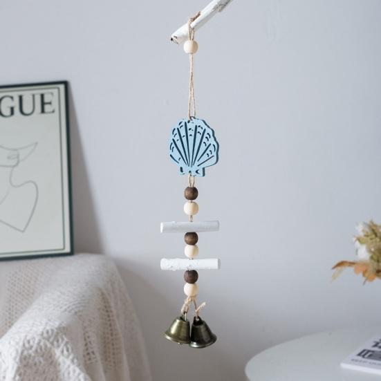 Beach Ocean Starfish Hanging Decoration with Bell Farmhouse Rustic Wooden Sailboat Shell Ornament Summer Nautical Coastal Wind Chime Pendant