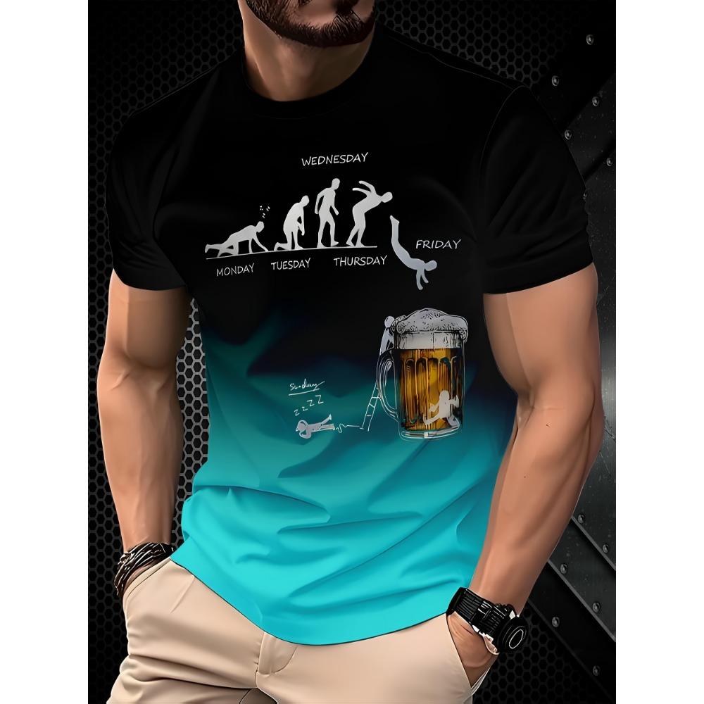 Men s 3D Printed Gradient Beer T-Shirt - Evolution of for Man & Beer Meme,Casual Short Sleeve Crewneck,Polyester Blend,Summer S