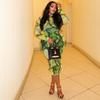 European and American Style Printed Celebrity Women's Clothing Waist Retro Hip Skirt High Neck Long Sleeve Green Autumn and Winter New Dress