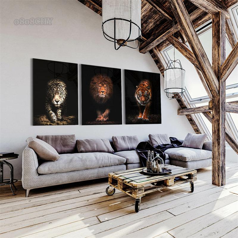 Naturaleza animales salvajes leopardo León Tigre en lienzo oscuro pintura impresiones HD pared arte carteles imagen moderna decoración para sala de estar Mural