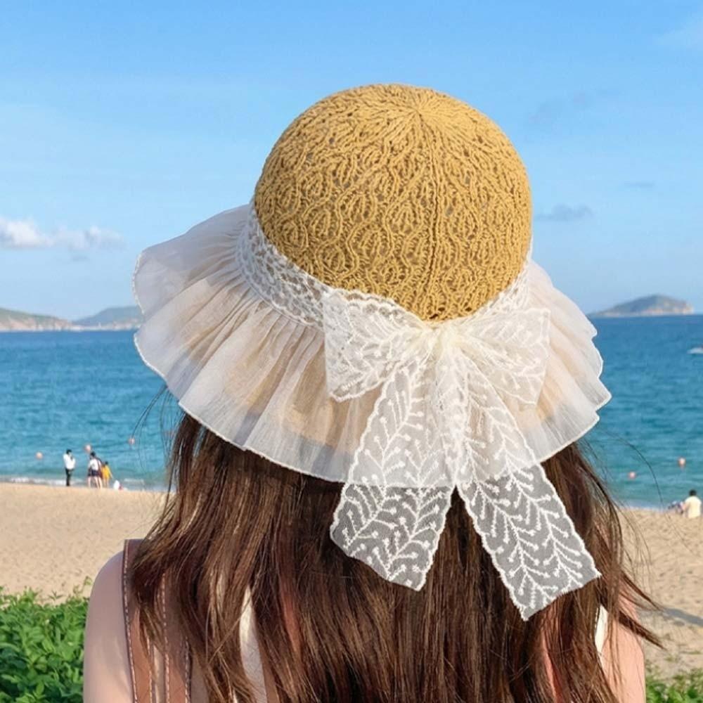 with Lace Bow Wide Brimmed Straw Hat Lightweight Woven Sun Cap Vacation Beach Cap  Indoor / Outdoor