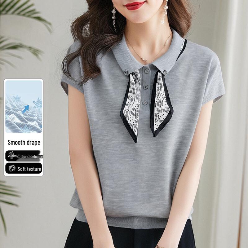 Snowflying Women s Ribbon Lapel Knit T-Shirt M