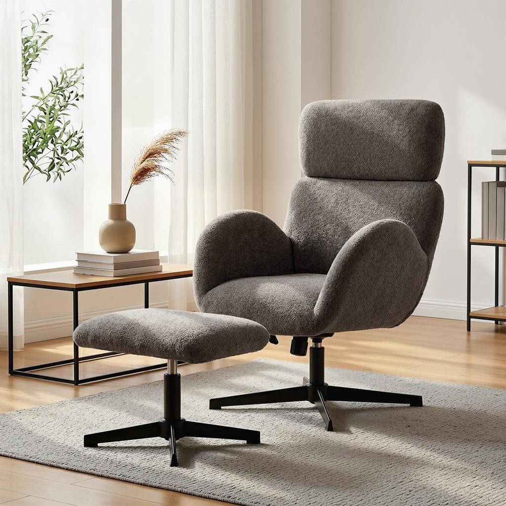 Swivel Armchair with Footstool, Height-Adjustable Accent Chair with Adjustable Headrest, Rocking Function, Grey