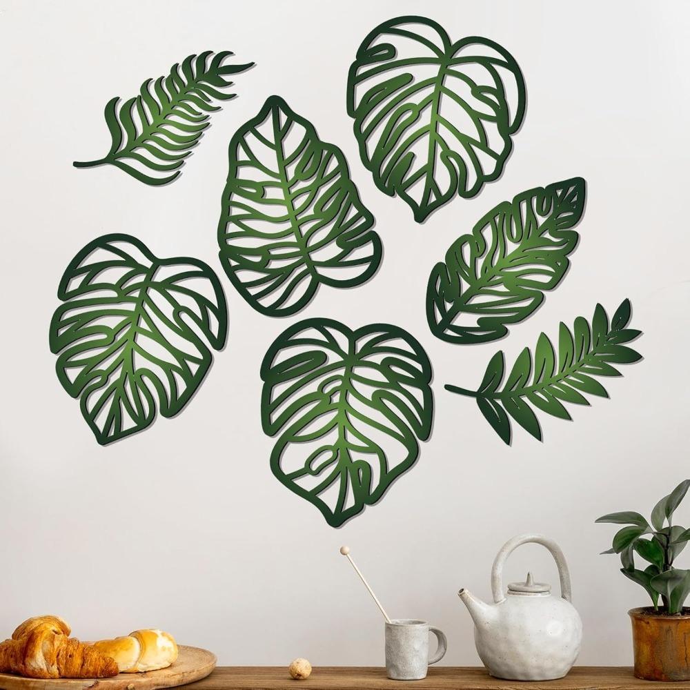 7pcs DIY Wooden Palm Leaves Wall Art Vintage Green Leaf Plant Decor Hanging Accents for Home Bathroom Office