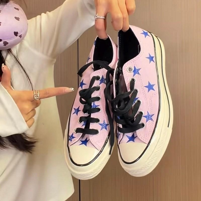 Pink Star Print Low-Top Canvas Sneakers Women Men Casual Shoes