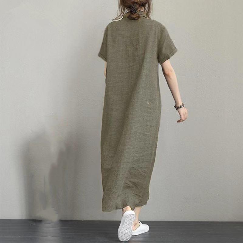 Cotton and Linen Collar Short Sleeved Loose Women's Casual Dress