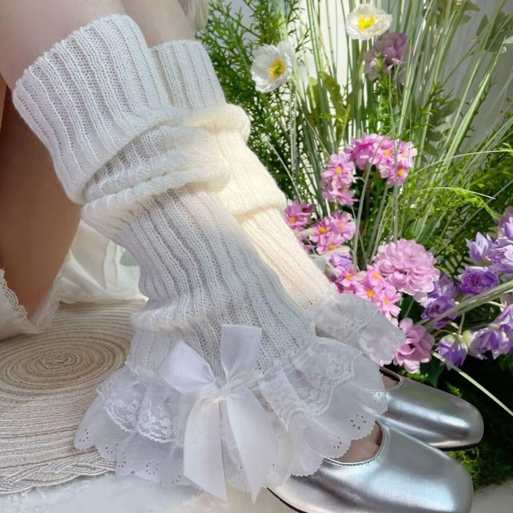 Gestrickte Beinwärmer mit Schleifenakzent, mehrlagiger Rüschensaum, hohe Socken für Lolita-Mädchen