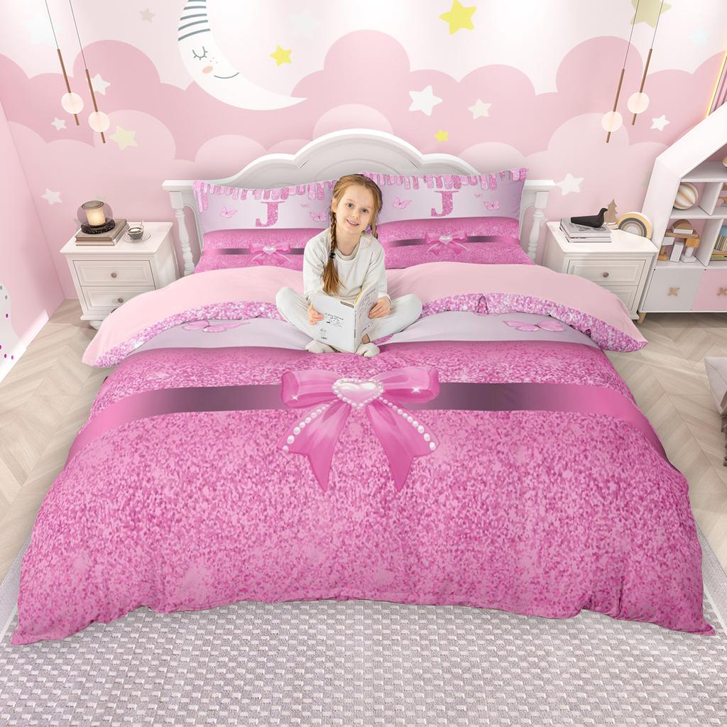 Homewish Personalized Initial Duvet Cover Set Princess Pink Quilt Cover Set Kawaii Sparkling Bow Knot Bedding Set