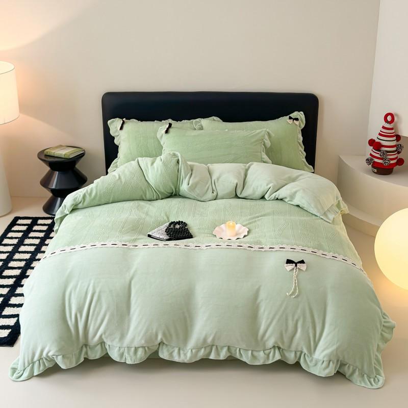 Korean Style Milk Fleece Bedding Set Lace Trim Bow Decor Thick Warm Anti-Static
