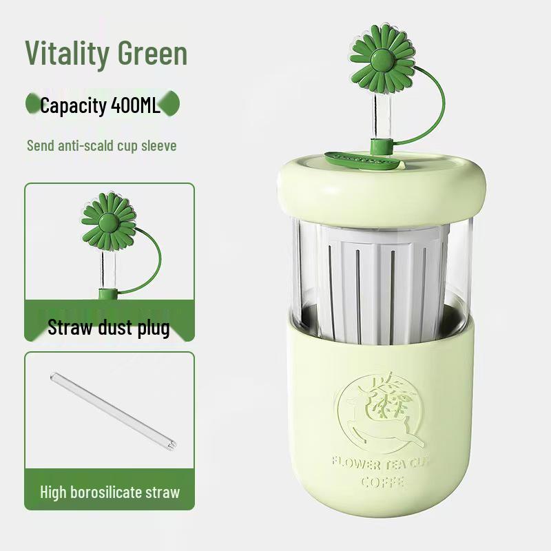 Charming Floral Tea Cup with Sleeve - Lemon Portable Mug for Milk, Coffee, Tea, Water; Includes Straw for Separation, Large Capacity.