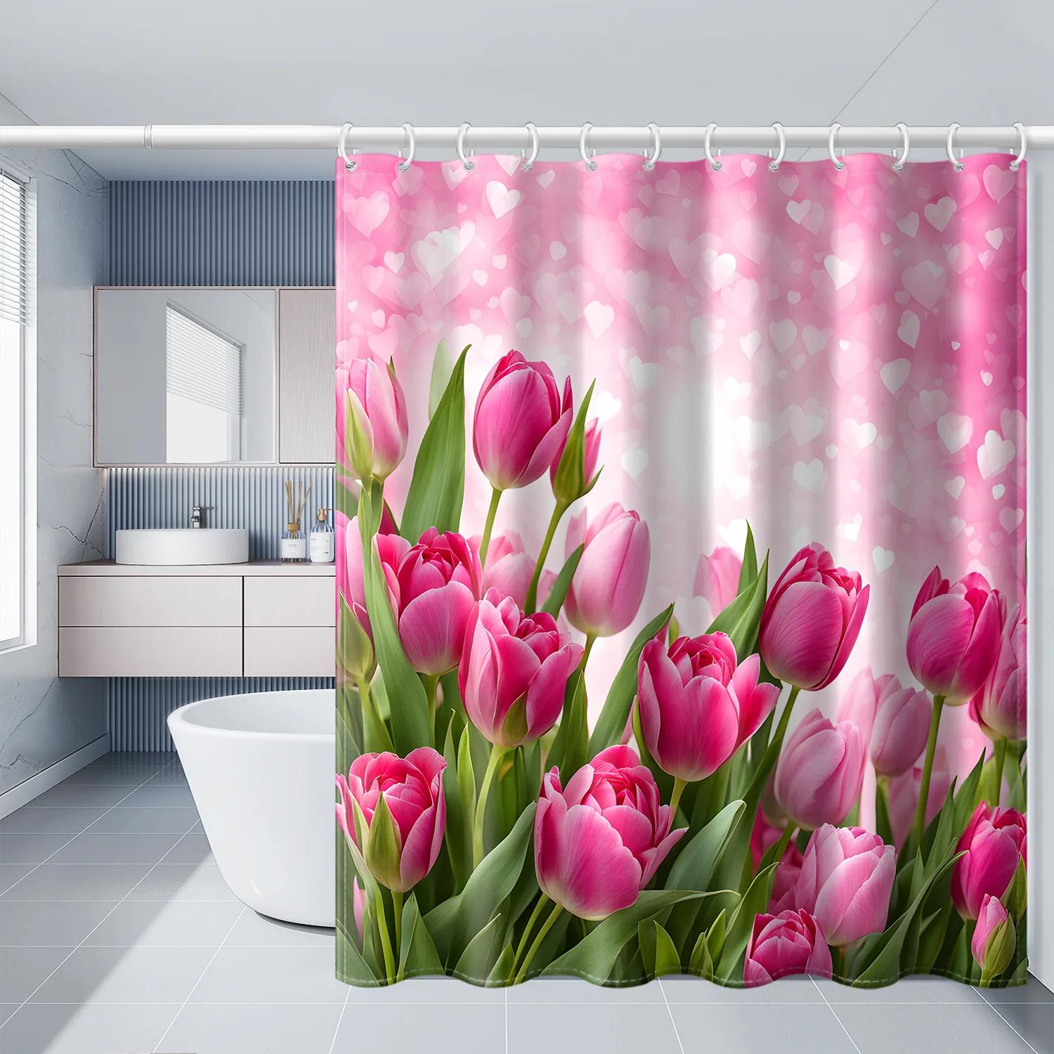 

Dreamy Love Tulip Shower Curtain - Water-Resistant Polyester, Machine Washable, Artsy Bath Decor For Valentine S Day, All-Season W60H190(CM)-1 Pcs