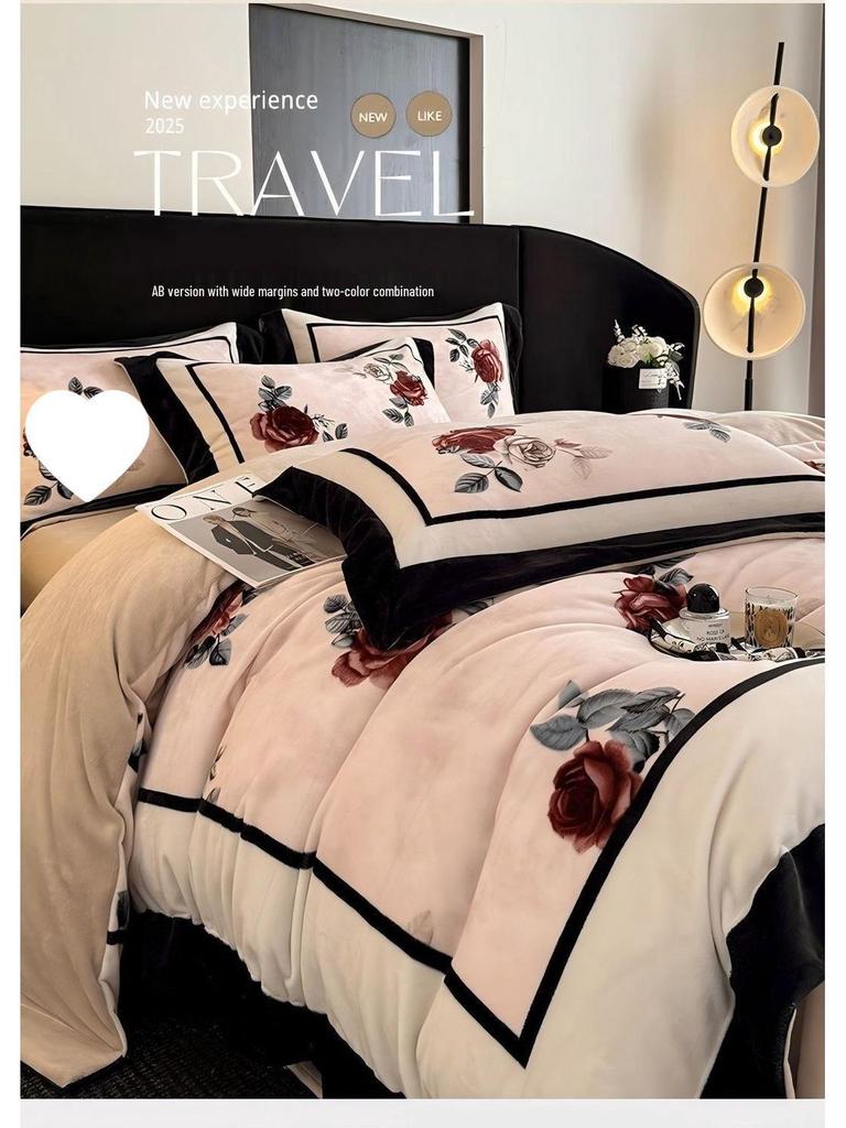 G5Z Französisches Retro Luxus Warmes Koralle Bettwäscheset - 4 Teile (Doppelseitige Bettwäsche & Bettbezug)