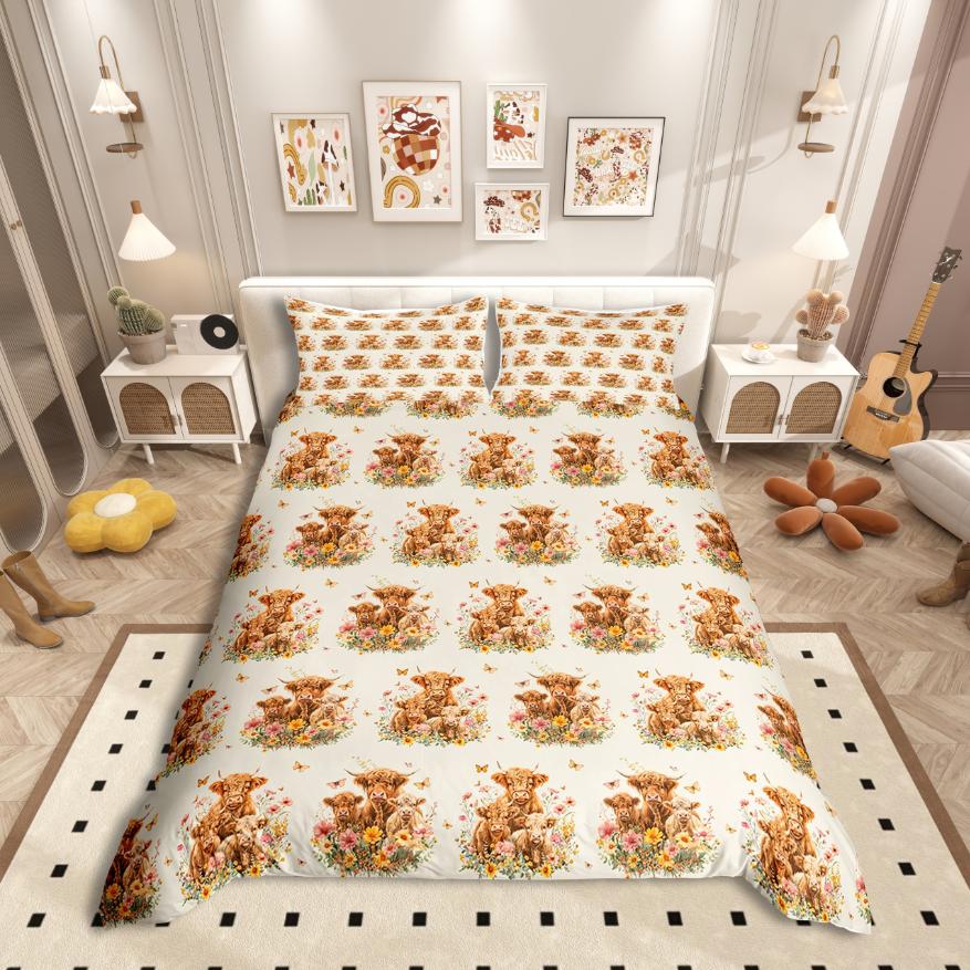 Homewish Cute Highland Cattle Duvet Cover Set,Farm Animal Bedding Set,Colorful Rustic Flower Floral Bed Set For Girls Boys