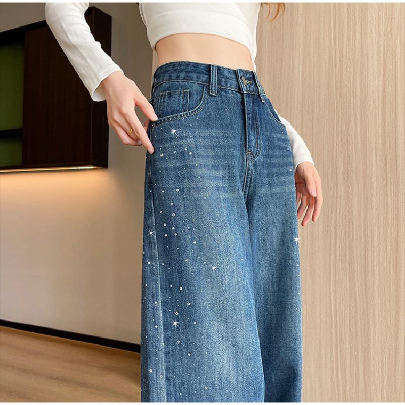 Women's Rhinestone Wide-Leg Jeans 2026 New High-Waisted Loose Design with Draped Straight Legs