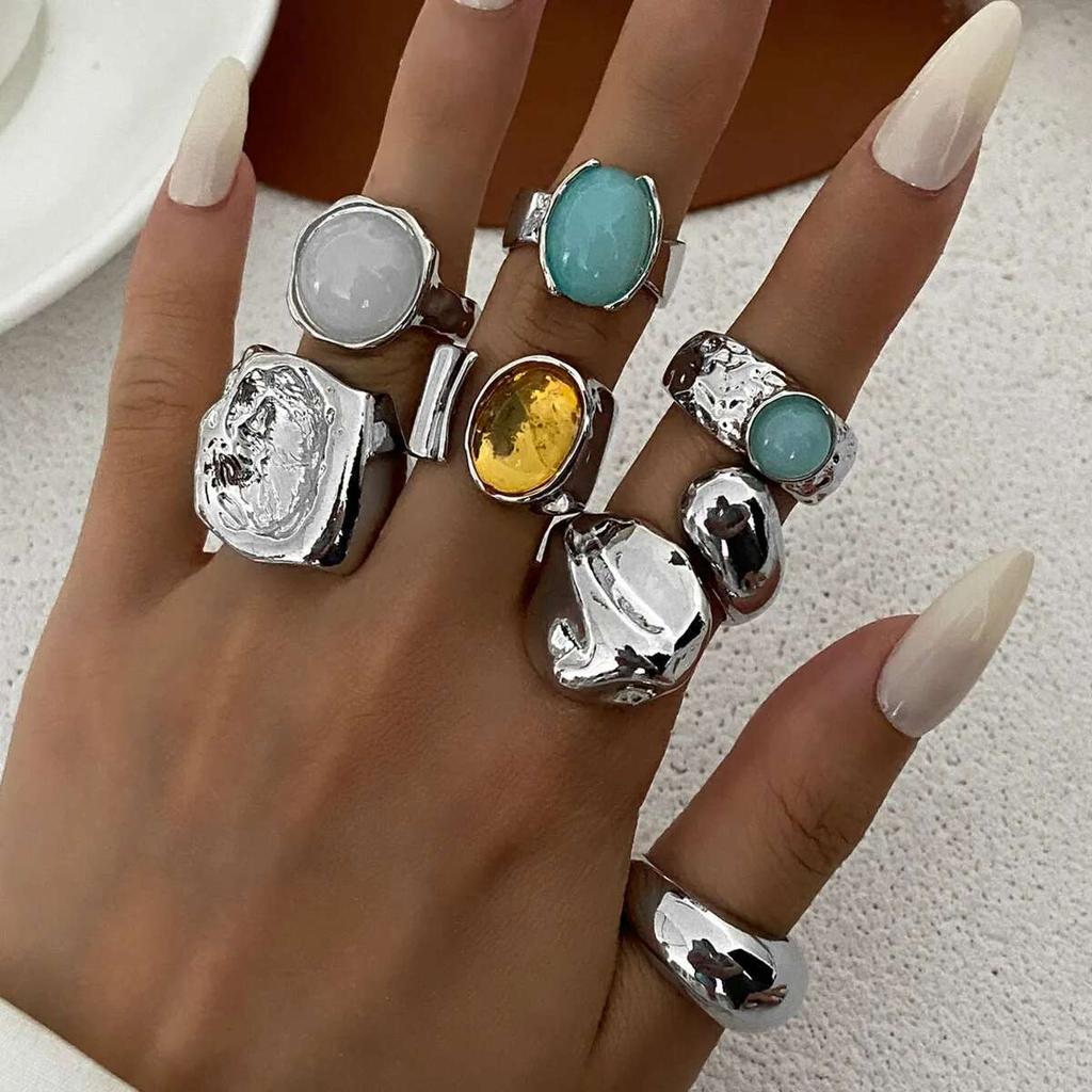 KunJoe 7 Stück/Set Vintage Bunte Acryl Offene Ringe für Damen Punk Geometrische Schlangenform Breiter Ring Finger Schmuck Zubehör