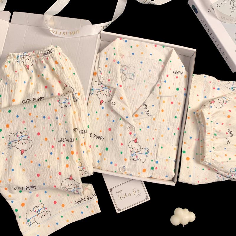 Spring And Summer Cloud Cotton Party Lines Puppy Print Pajamas Loungewear Can Be Worn Outside