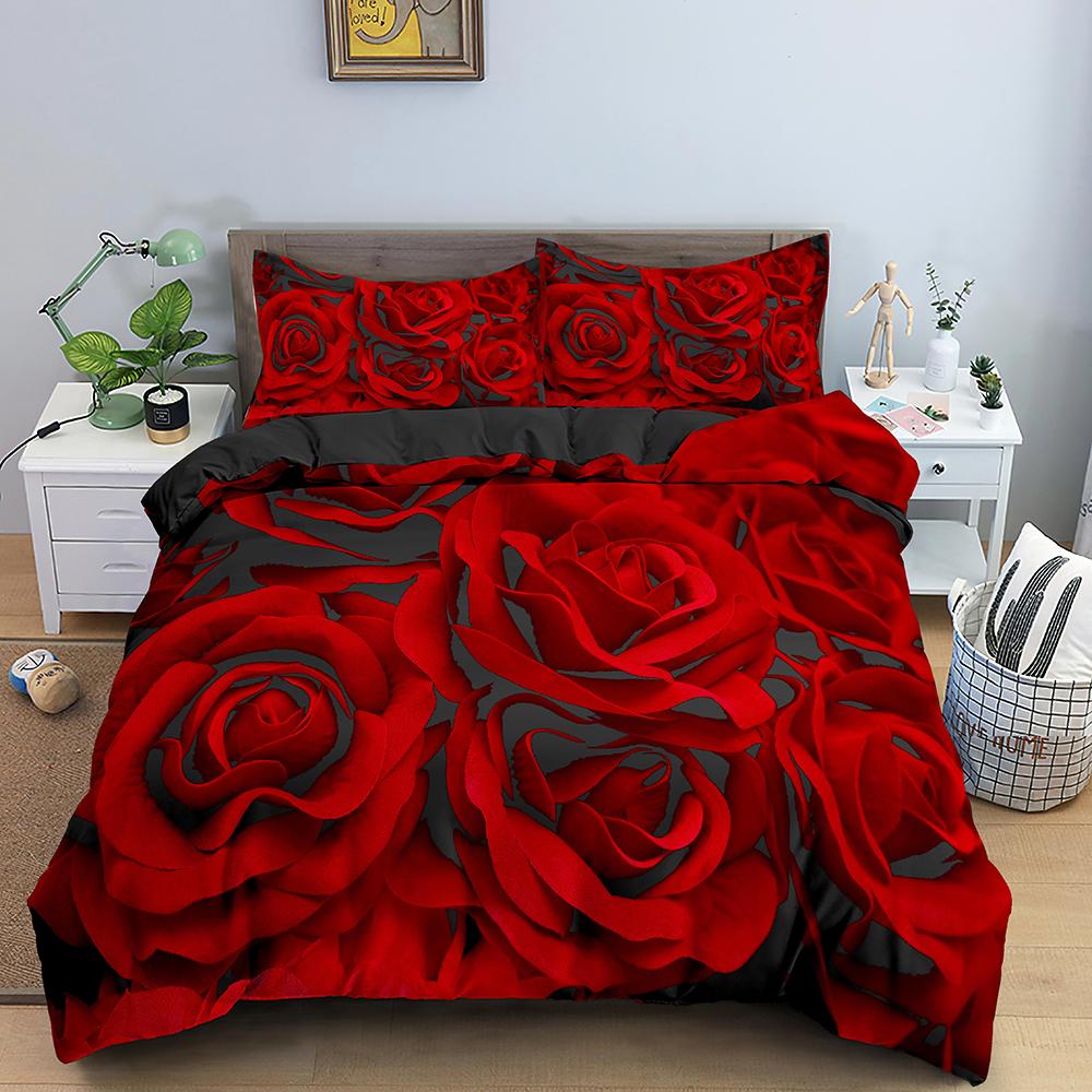 Valentine'S Day Wedding Bedding Set 2/3 Pcs Luxurious Rose Love Heart Duvet Cover King 3D Red Rose Print Quilt Cover