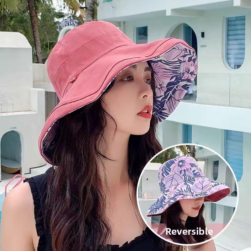 Summer New Printed Double Sided Fisherman's Hat with Large Eaves for Face Covering Sunscreen Hat for Women Outdoor Sun Hat