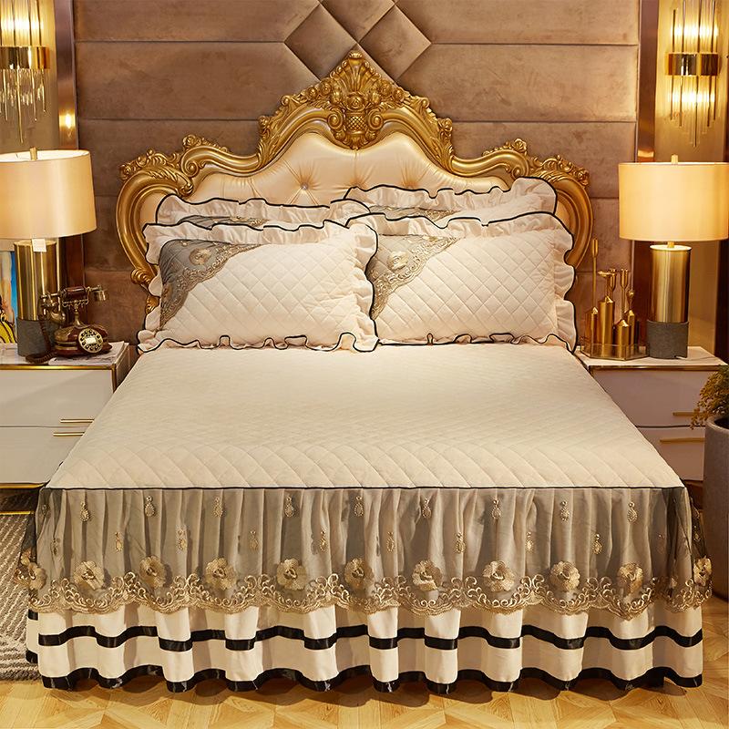 European-Style Crystal Velvet Lace Bed Skirt Winter Fleece-Lined Warm Quilted Bed Cover Bed Skirt Cover Bedding
