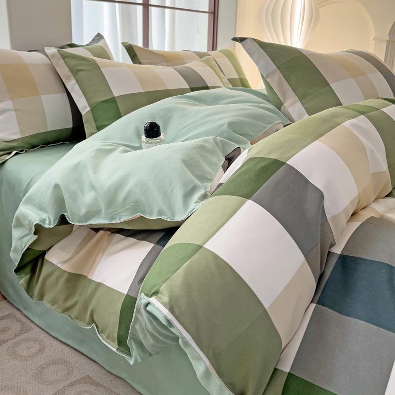 Muji Japanese Washed Cotton Flannel Plaid Bedding Set - 4 Pieces, Good Quality, Student Dormitory Style
