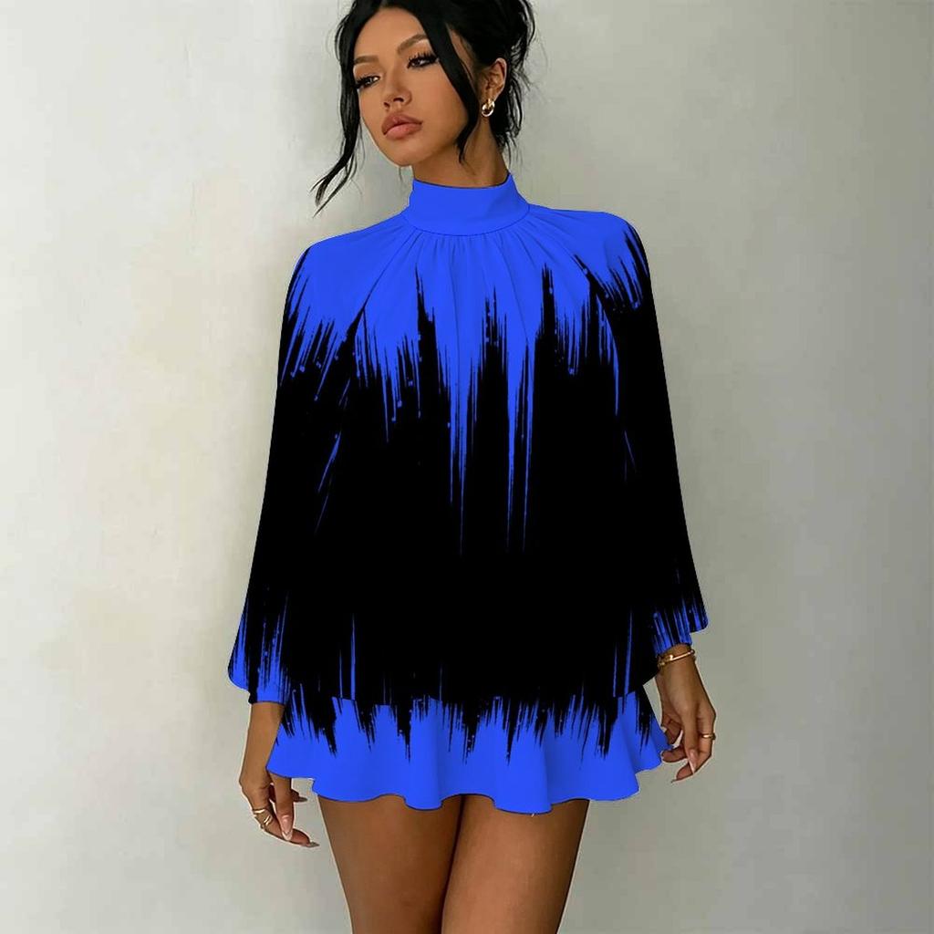 Women's 3D Gradient Brushstroke Print Mock Neck Long Sleeve Dress, Raglan Sleeve Fake Two Piece Mini Dress
