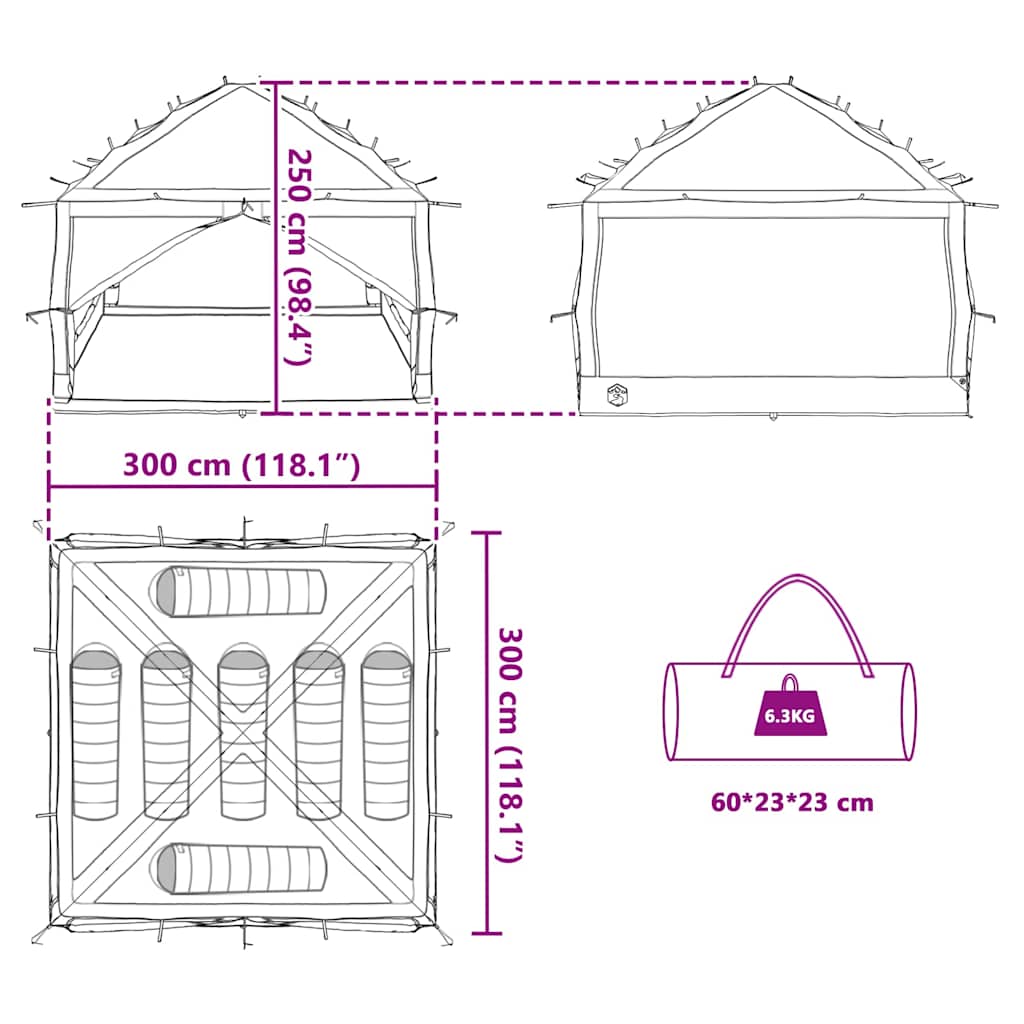 Inner Tent for 7 Persons with Roof Green and Grey 300 x 300 x 250 cm